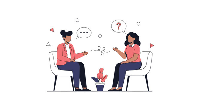 Two people sitting opposite each other in a conversation, one with a question mark, suggesting a discussion, consultation, or problem-solving session.