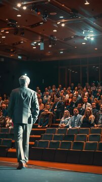 Confident speaker at business conference in front of seated audience