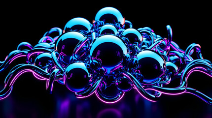 Futuristic 3D liquid metal abstract with neon highlights and flowing forms