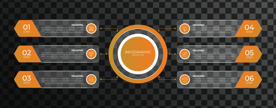 Modern six-step infographic template with orange gradient elements, central circular design, connected steps, icons, and clean layout for business workflow.



