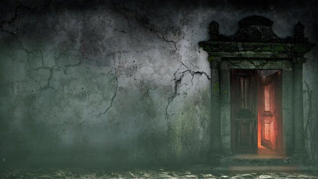 Portal to Purgatory Fire and Brimstone 4K Loop features an ancient wall with a door ajar with flames inside and smoke and ash falling outside in a loop.