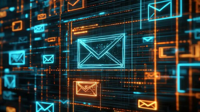 The showcases a vibrant digital mail icon set against a backdrop of interconnected data lines and points, symbolizing the internet or electronic communication.