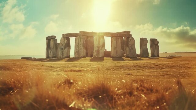 The famous stone circle at sunset with dramatic skies and golden grass.