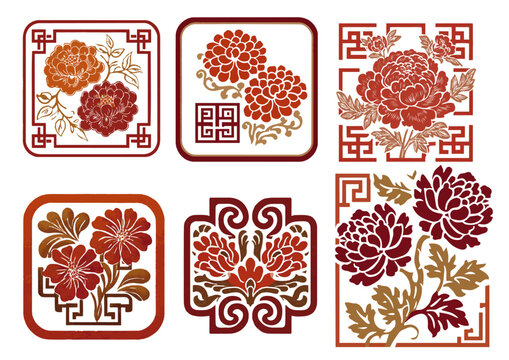 Set of traditional Asian floral vector patterns with geometric lattice borders (Peony and vine scroll motif) (기하학적 격자 테두리가 있는 전통 아시아 꽃 벡터 패턴 세트 - 모란과 넝쿨 문양 모티프)