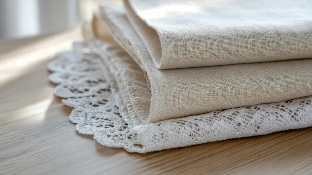 A stack of textiles with lace trimmings resting on a wooden surface.