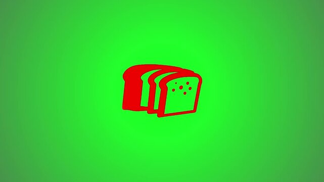 Red sliced bread icon animation on green screen background representing food and bakery supplies in motion graphics