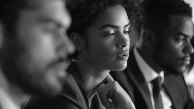 A young woman with her eyes closed in deep thought or relaxation in an office environment. She is surrounded by three male coworkers who are looking down at their laptops.