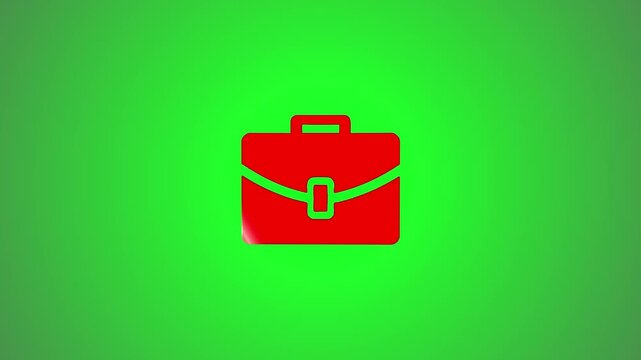 A motion graphic of a gold briefcase transforming into a vibrant red briefcase with a green trim, centered on a bright green screen