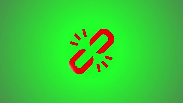 A motion graphic animation of a red broken link icon symbolizing a disconnected hyperlink or network failure on a green screen background