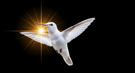Obraz premium A brilliant white hummingbird with spread wings glows against a stark black background