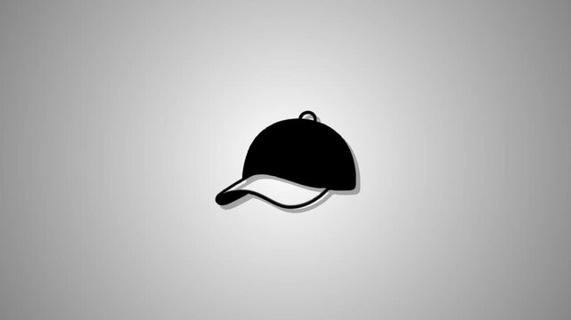 Simple black baseball cap icon animating with a subtle shadow and highlights on a grey gradient background