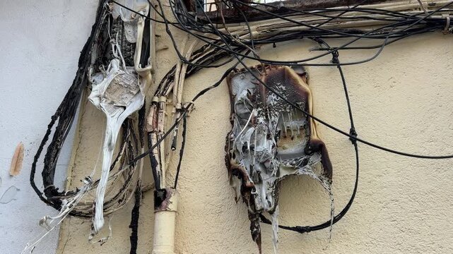 Melted and burnt electrical junction box on a building's wall. Charred and tangled cables showing the aftermath of a fire or short circuit