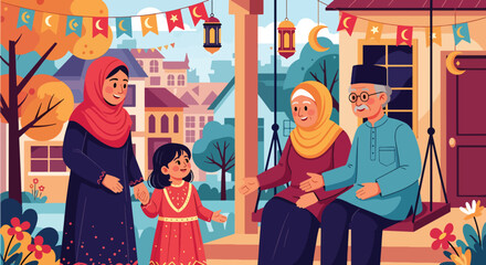 Vector illustration of a Muslim mother and daughter visiting relatives during Eid, showing family connection, respect, and joyful cultural celebration in flat vector style © Amie