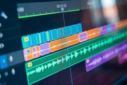 Close-up of colorful timeline editing software interface display.