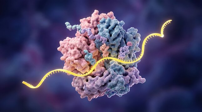 3D illustration of ribosome complex with yellow mRNA strand during protein synthesis