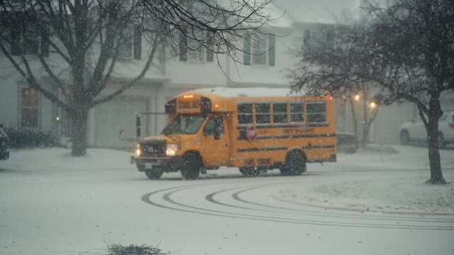 Yellow school bus stopping at suburban neighborhood during active snowfall. Snow blankets the street road as flakes fall steadily, creating cold winter scene POV View