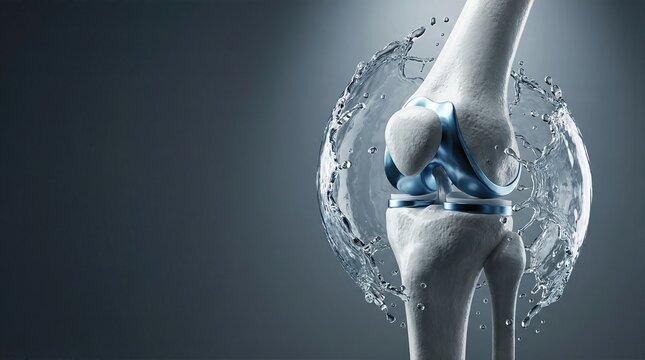 Human knee joint with blue cartilage and water splash on grey background
