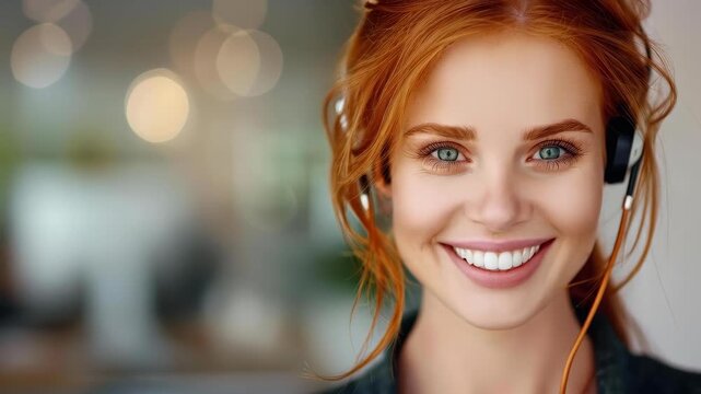 Cheerful Support Specialist: A radiant woman, her fiery red hair cascading, beams at the viewer while wearing a headset, suggesting an ability to assist with friendliness. 