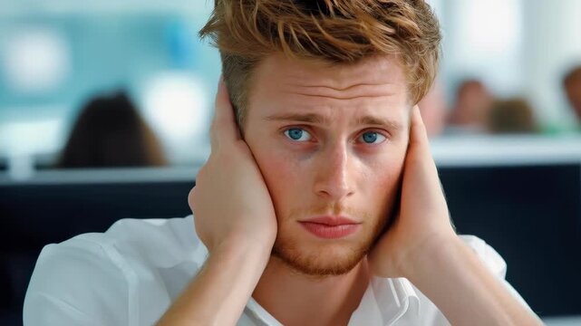 Stressed Man: A portrait of a man, his hands pressed against his ears, eyes filled with the weariness, capturing a moment of overwork and stress