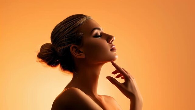 Contemplative Beauty: A profile silhouette of a graceful woman, her features gently illuminated against a warm, evocative backdrop.