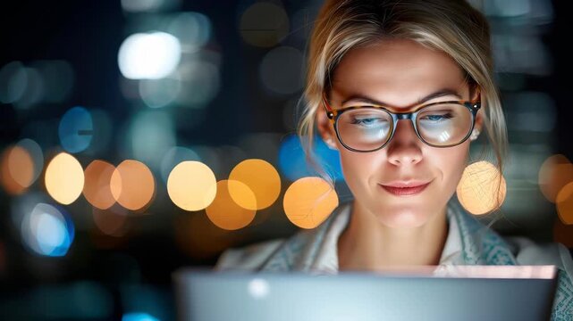Focused Thought: A woman, illuminated by the glow of a laptop screen, peers intently through her spectacles, reflecting on a panorama of city lights.