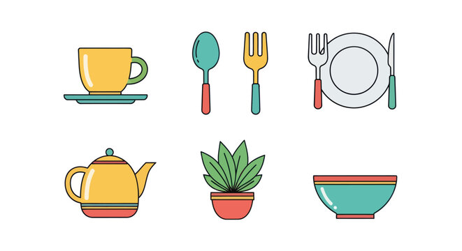 Colorful vector illustration of various kitchen utensils and plants