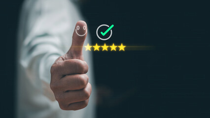 Customer satisfaction and positive feedback concept. Businessman giving thumbs up with five star rating and approval icon. Representing trust, quality service, success and excellent user experience.