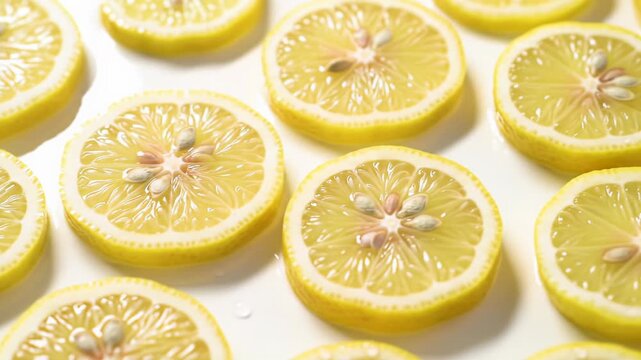 Direct top-down video of bright yellow lemon slices with glistening pulp, seeds, and water droplets, meticulously arranged on a pristine white surface. Concept of refreshing citrus vitality