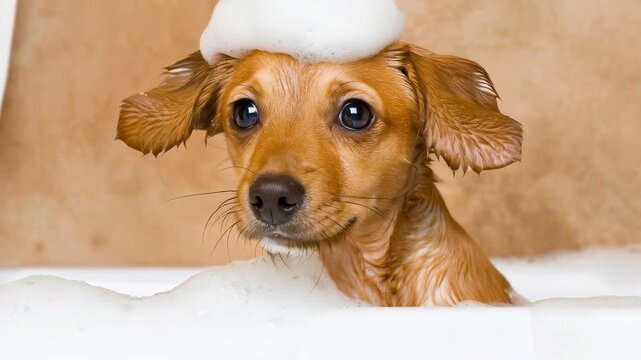 Playful Pup in a Bubble Bath: A charming dog looks on with wide, innocent eyes, playfully amidst a sudsy bubble bath, its coat glistening with the essence of cleanliness.