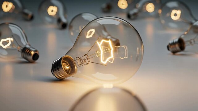 Illuminating Innovation: A radiant light bulb stands out amidst a collection of dimmed bulbs, symbolizing a spark of brilliance and the power of creative thinking. 