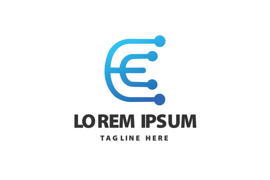 Stylized blue digital letter E with circuit nodes and data connections Vector logo template