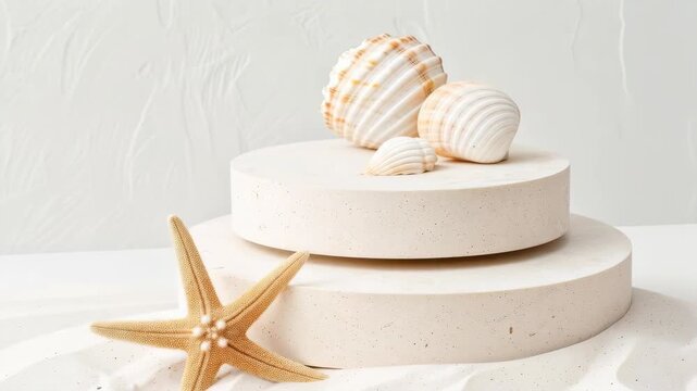 Seashells Display: A captivating display features delicate seashells on a tiered platform, with a starfish adding to the coastal charm. This composition evokes the essence of the ocean.