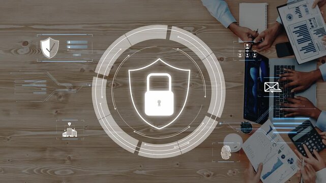 A digital representation of security and protection using a padlock symbol, set against a wooden table during a collaborative business meeting. Raster
