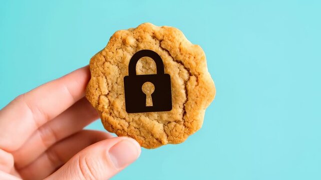 Cookie's Private Data: A single hand delicately holds a cookie adorned with a lock, symbolizing online privacy and digital security.