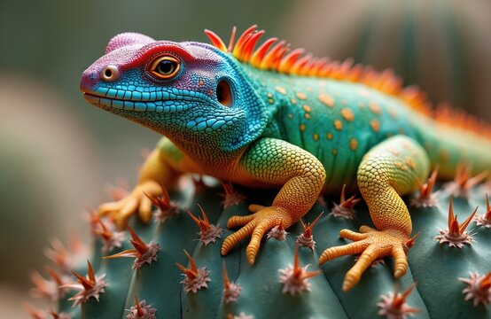 Ornate mastigure lizard with vibrant blue and red head perched on green cactus. Reptile has colorful body and spiky crest. Wildlife photo shows desert fauna.