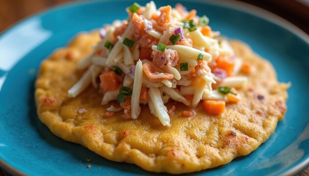 Savory pupusa fills corn tortilla with curtido slaw topping. Delicious meal served on blue plate, perfect for lunch or dinner. Tasty traditional Salvadoran food presentation.