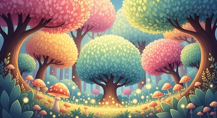 Enchanted whimsical forest with colorful fantasy trees and glowing mushrooms, magical forest illustration