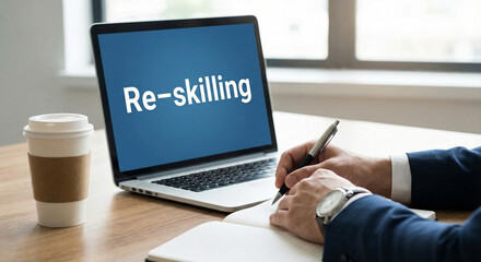 Reskilling training on laptop, Employee reskilling at office, Online reskilling course screen, Workforce upskilling desk setup