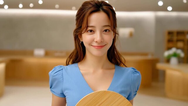 Elegant Serenity: A poised individual, radiant with natural beauty, extends an item, exuding an air of understated elegance and warm welcome.