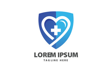 Shield with a white heart and medical cross Vector logo template