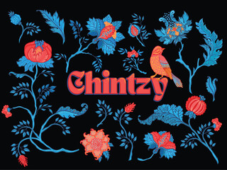 Floral vintage pattern elements set in Jacobean style isolated on white. Enchanted Vintage Flowers. Chintz inspired. Design for wrapping paper, wallpaper, fabrics and fashion clothes.