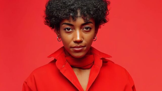 Radiant in Red: A captivating portrait of a woman in a vivid red ensemble, set against a monochromatic background, with a direct and confident gaze. 