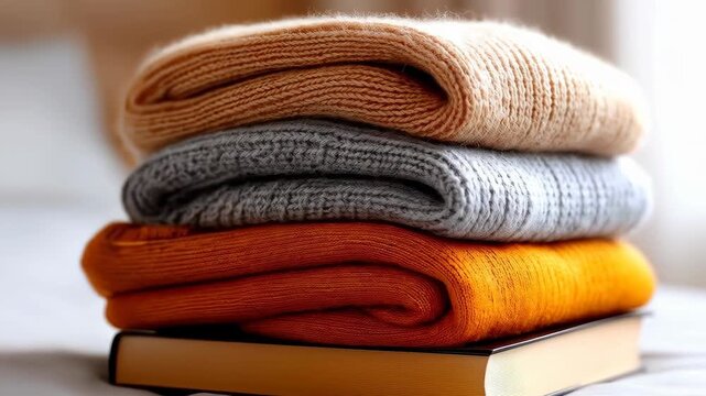 Cozy Layers: Stacked folded sweaters of varying colors resting peacefully atop a closed book, creating a scene of warmth and comfort.
