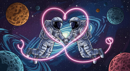 Two astronauts embracing in space with neon heart