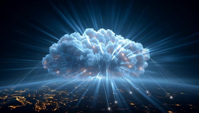 a glowing cloud symbolizing the global network of cloud-based technology connected to various locations across earth. the background is dark blue with light rays emanating from above Generative AI