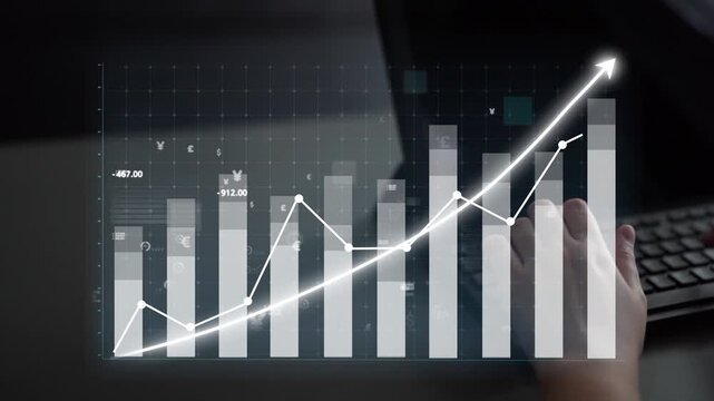 This stock photo captures the interaction of a user analyzing financial data represented by a growth graph overlaying a digital interface, emphasizing financial metrics. Copula