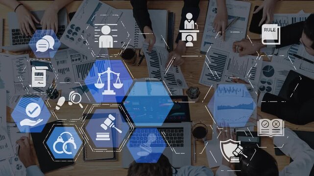 Law icons illustrate justice, court, and regulation system. Law represents fairness, law supports police, and law connects with rules, rights, and enforcement. Funnel