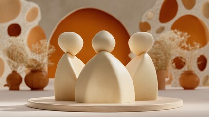 Abstract illustration of three human figures on a platform with neutral tones