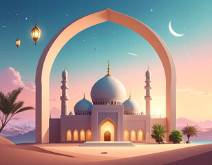 Mosque architecture, crescent moon, twilight sky. Concept of welcoming the month of Ramadan. Eid al-Fitr and Islamic Eid al-Fitr.