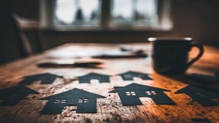 House cutouts on wooden table with coffee cup representing homeownership